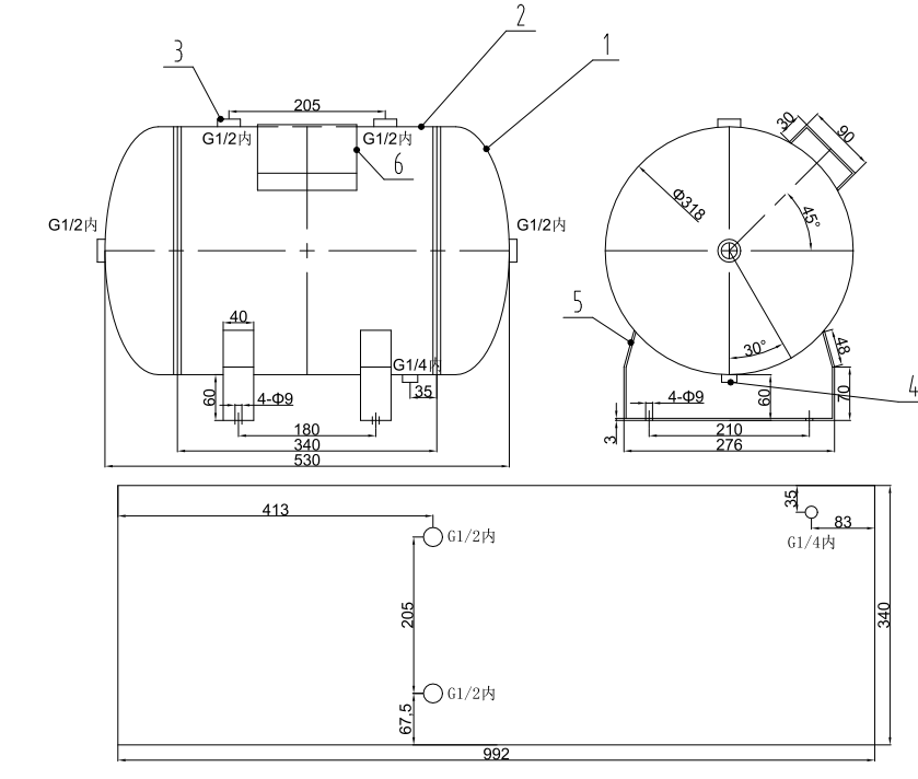 45l-horizontal-air-tank-carobon-steel-12-bar-5-ports-fast-delivery-specification-2
